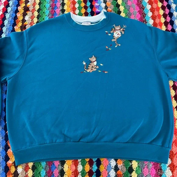 Vintage Y2K Cat Embroidered Patchwork Morning Sun Teal Double Collar Ove… - Picture 2 of 11